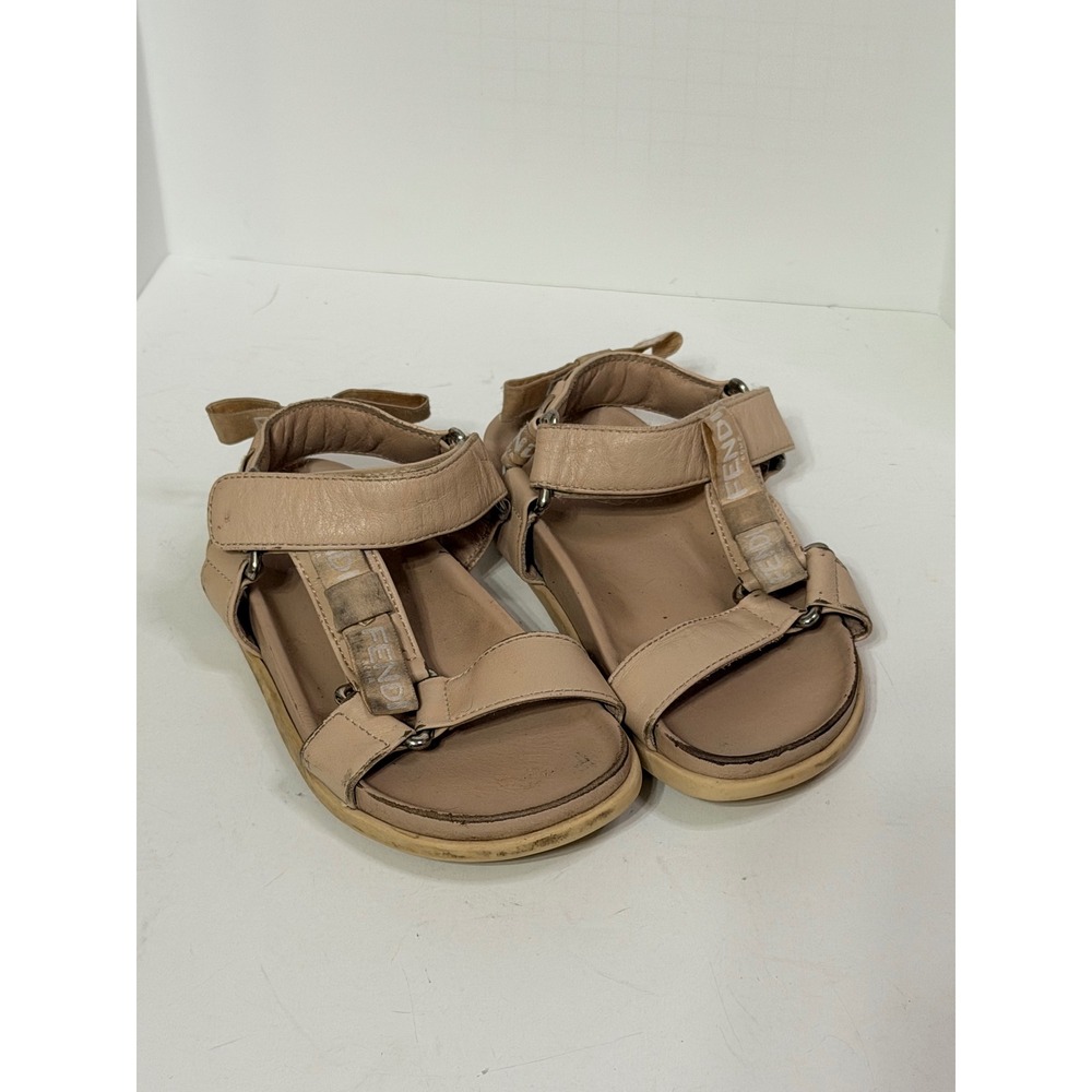 Fendi Kids Nude Leather Roma Logo Strappy Sandals Bow Back Made in Italy Size 30